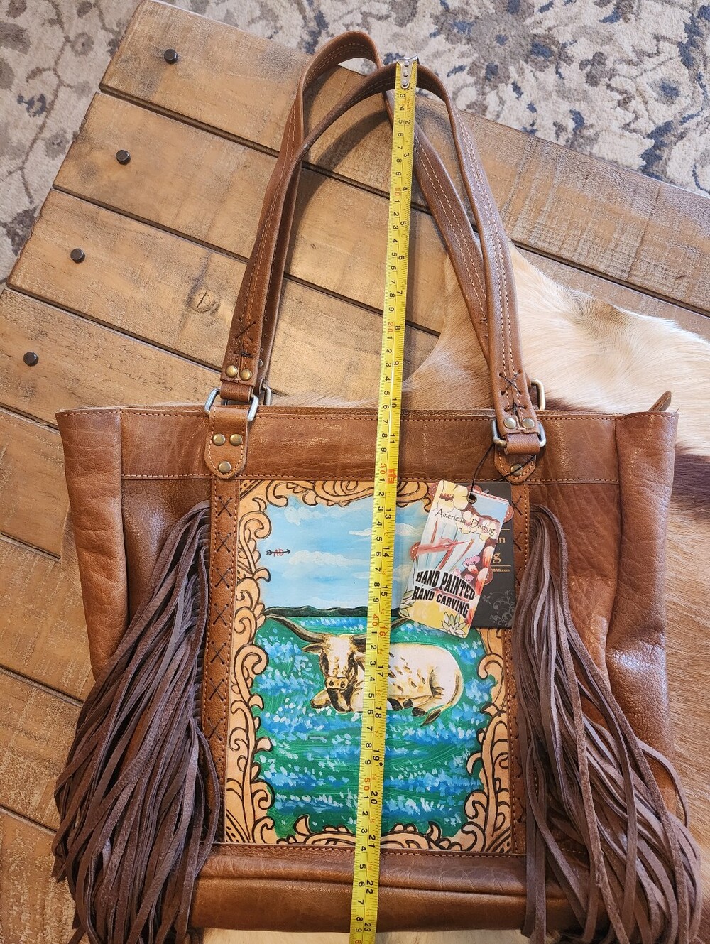 Hand-Painted Leather Fringe Tote Bag - Brown with Scenic Panel - Picture 2 of 5